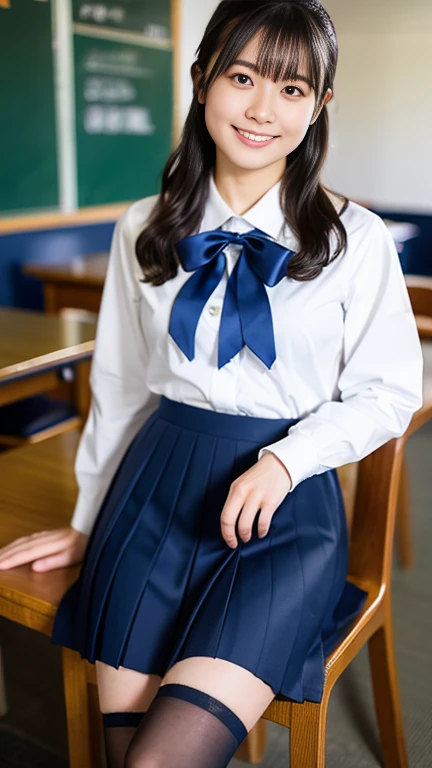 Highest quality, masterpiece, Ultra-high resolution, (Realistic:1.4), Raw photo, Very detailed, Perfect Anatomy, Highest quality, masterpiece, Ultra-high resolution, (Realistic:1.4), Raw photo, Very detailed, Perfect Anatomy, 

1 Japanese high school girl in winter, 15 years old, Most popular Japanese idols,  sitting in a school chair, I rest my elbows on my desk at school, 

Very cute face like a famous Japanese idol, 非常に美しいBig black round eyes, very beautiful short cut, Very beautiful thighs

(Japanese high school winter uniform, colorful muffler, Navy blue pleated skirt, White Sox, black loafer shoes), View your viewers, An innocent smile, 

Cute face with attention to detail, Beautiful in every detail、Big black round eyes, Detailed and beautiful shortcuts, Beautiful thighs in every detail, Beautiful legs in every detail, 

Stylish glasses with attention to detail, detailed Japanese high school winter uniform, detailed Navy blue pleated skirt