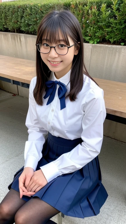 Highest quality, masterpiece, Ultra-high resolution, (Realistic:1.4), Raw photo, Very detailed, Perfect Anatomy, Highest quality, masterpiece, Ultra-high resolution, (Realistic:1.4), Raw photo, Very detailed, Perfect Anatomy, 

1 Japanese high school girl in winter, 15 years old, Most popular Japanese idols,  sitting in a school chair, I rest my elbows on my desk at school, 

Very cute face like a famous Japanese idol, 非常に美しいBig black round eyes, very beautiful short cut, Very beautiful thighs

(Japanese high school winter uniform, colorful muffler, Navy blue pleated skirt, White Sox, black loafer shoes), View your viewers, An innocent smile, 

Cute face with attention to detail, Beautiful in every detail、Big black round eyes, Detailed and beautiful shortcuts, Beautiful thighs in every detail, Beautiful legs in every detail, 

Stylish glasses with attention to detail, detailed Japanese high school winter uniform, detailed Navy blue pleated skirt