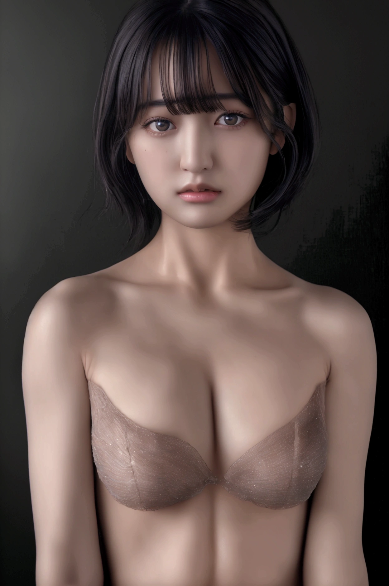 (Highest quality:1.4),(masterpiece:1.4),(Realistic:1.4),(Realistic:1.2),(超High resolution, RAW Photos:1.4),(High resolution, Very detailed:1.2),(8K:1.2),Cinematography,a photo of a dark-haired,Her hairstyle is a short bob with bangs...,One Girl,alone,(nude),((Upper Body:1.3))