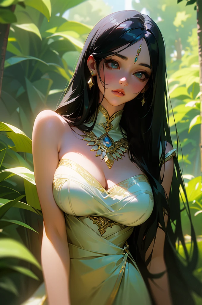 a girl with long black hair, beautiful detailed eyes, beautiful detailed lips, beautiful detailed face, large breasts, intricate detailed jewelry, flowing elegant dress, sunlight glowing skin, serene peaceful expression, lush green forest background, cinematic dramatic lighting, photorealistic, highly detailed, masterpiece
