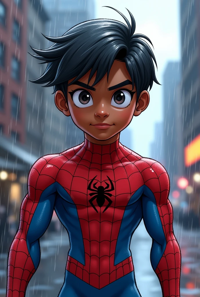  Cartoon of a dark-skinned Spiderman with straight hair combed halfway in the rain 
