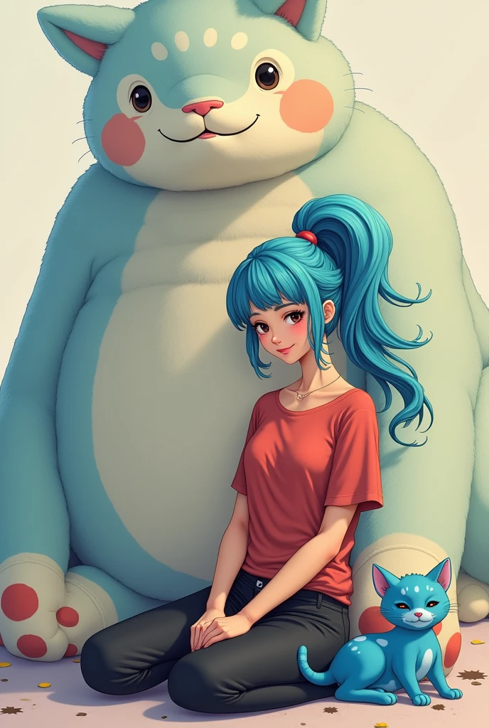 A lady with blue hair and a ponytail in her hair, wearing a red shirt and black pants, without a collar, and with a blue cat with a bit of white in its fur and a monstrous stuffed animal.