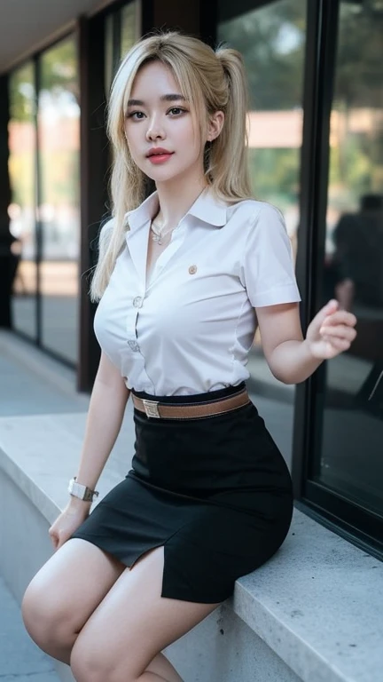 Pretty thai woman Reaching out to grab a glass of water , (8k, best quality, masterpiece, ultra highres:1.2) Photo of Pretty thai woman beautiful, beautiful enchanting fashion contemporary painting with , (1girl), (white shirt short sleeves), ((black pencil skirt)), belt , , blonde hair, , realistic skin texture , round chin, 85 mm art lens, f 1. 2, sharp focus, 8 k high definition, insanely detailed, intricate, elegant, large breasts, big breasts , black skirt , twin tails hair