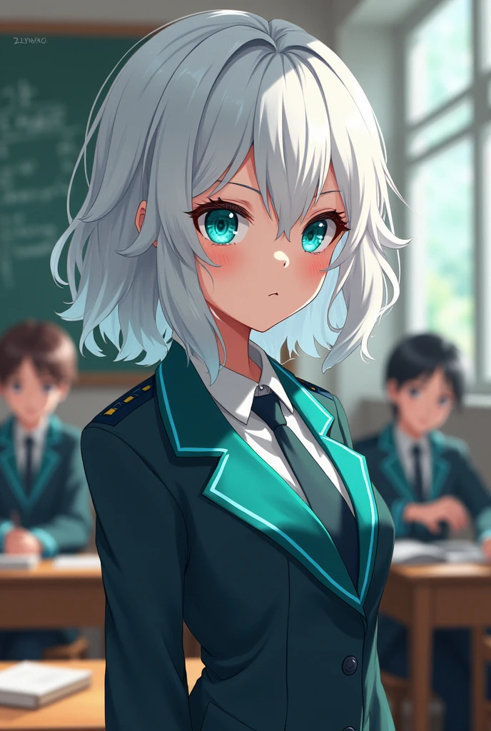baku no hero template, girl with white hair and turquoise eyes with dark circles, wears the UA uniform and has a class in the background