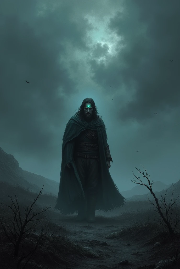 A desolate, barren landscape stretches out under a dark, stormy sky. Caim, marked and alone, wanders through the wilderness, his face etched with sorrow and despair. The mark on his forehead glows faintly, a constant reminder of his sin. The world around him is bleak and unforgiving, symbolizing his eternal exile and the loneliness that will follow him forever