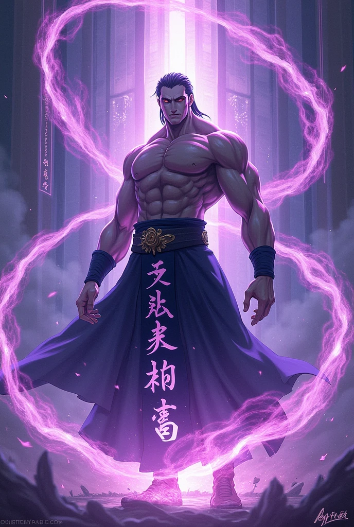 Gojo showing his body and a voilet circling across him and written something cool in Chinese on the circle in white colour