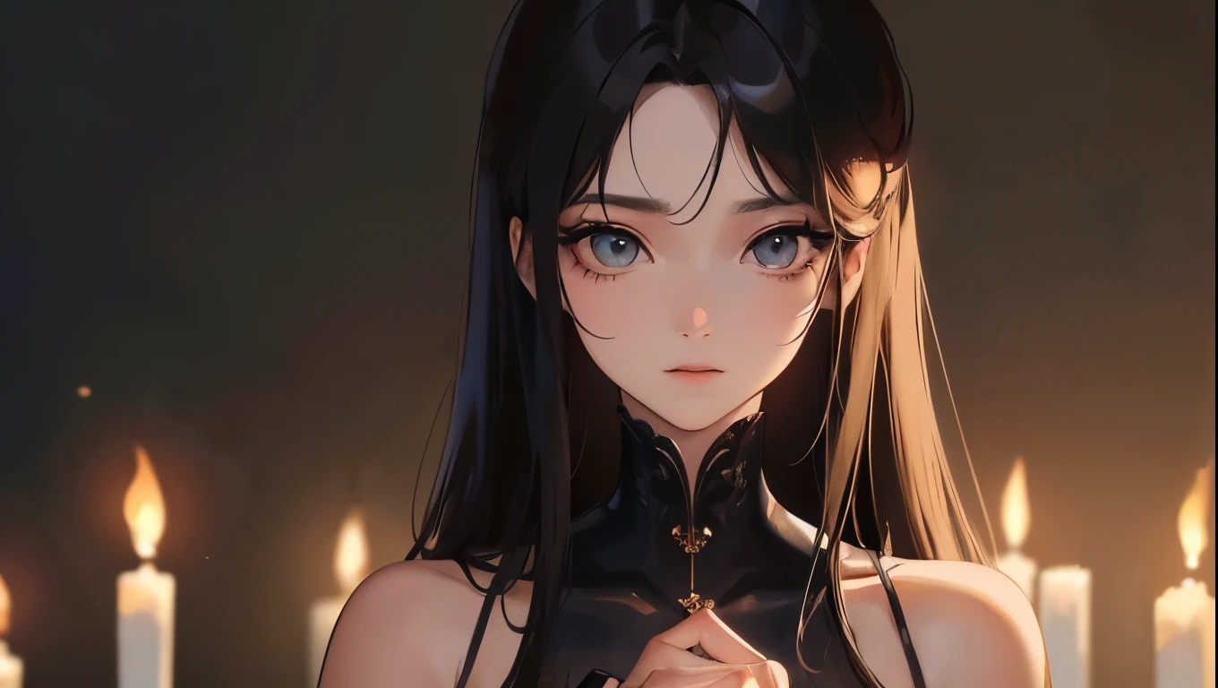 masterpiece,(best quality, illustration,detailed face:1.3),(1 woman,alone:1.3),beautiful and delicate eyes,  black long hair, Looks spicy, Light a candle, Dark interior, expressionless, scary, fear, ghost story, In a dark room, spooky