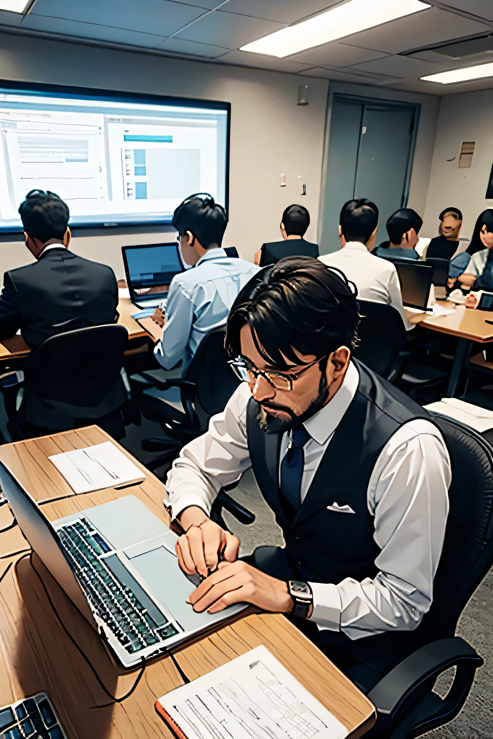A middle aged man, from Egypt, medium black hair and beard, with glasses, with a formal shirt, sitting in big office, far shot, working on his laptop, people in the background, white people from USA, also working on their laptops,
