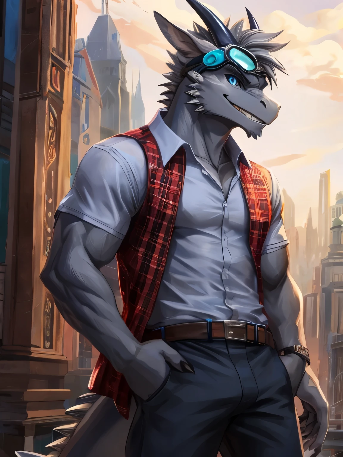 Masterpiece, Solo, Furry Gray Dragon, Adult, Gray Fur, Blue Eyes, Gray Short Hair, Muscular Body, Good Looking, Handsome, Fierce, Casual Shirt, Casual Pants, Blue Goggles, Smiling, Teeth, Cool Pose