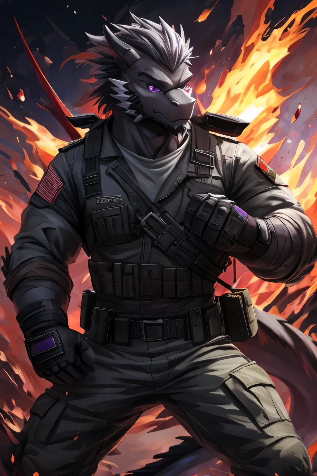 Masterpiece, Solo, Cool Pose, Furry Black Dragon, Medium Muscular Body, Purple Eyes, Grey Medium Hair, Grey Facial Hair Combat shirt, Black Glasses, Combat Gloves, Combat Pants, Fierce, Manly, Good looking