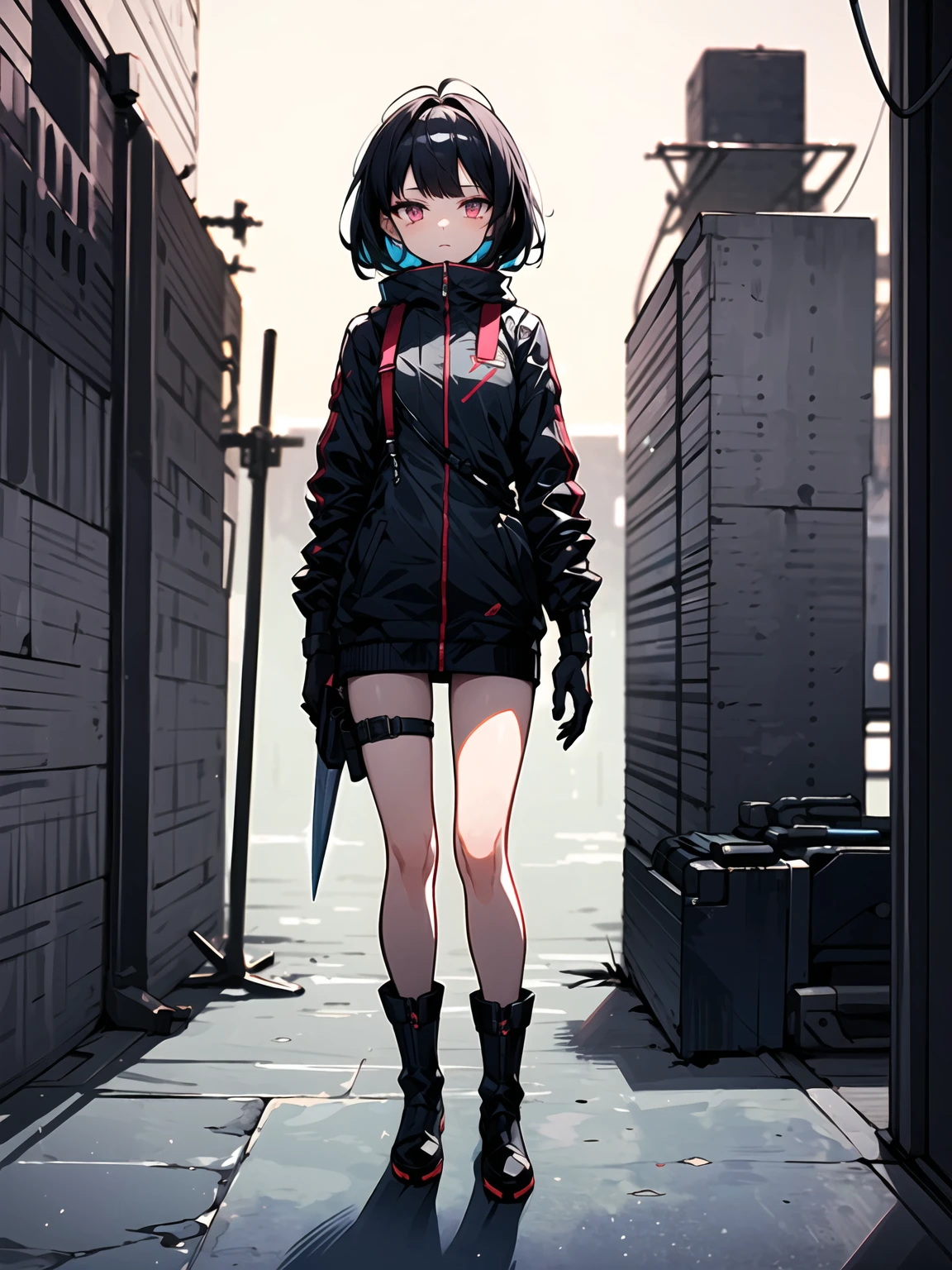 (((masterpiece, best quality, high detailed, 16k))) (1girl) A mysterious rogue with short, jet-black hair and striking violet eyes. She is dressed in a sleek, dark leather outfit that allows for swift movement, with hidden daggers strapped to her legs. Her expression is cold and calculating, and she holds a shadowy blade that seems to absorb light. ((full body view))