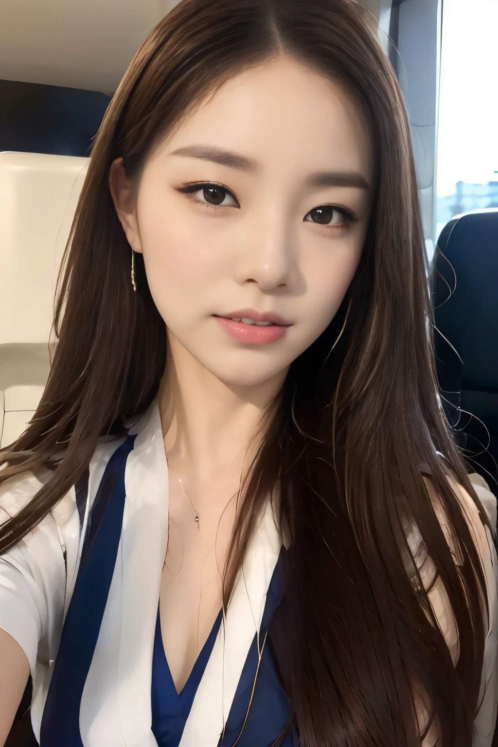 ((Highest quality, 8k, masterpiece: 1.3)), concentrated: 1.2, Perfect beauty: 1.6, Astock: 1.3, ((Straight Hairstyles), (Flight attendant uniform: 1.1), (evening, Airport boarding bridge), Highly detailed face and skin texture, Narrow eyes, double eyelid, Whitening skin, Long Hair, (shut up: 1.3), smile, window,terminal
