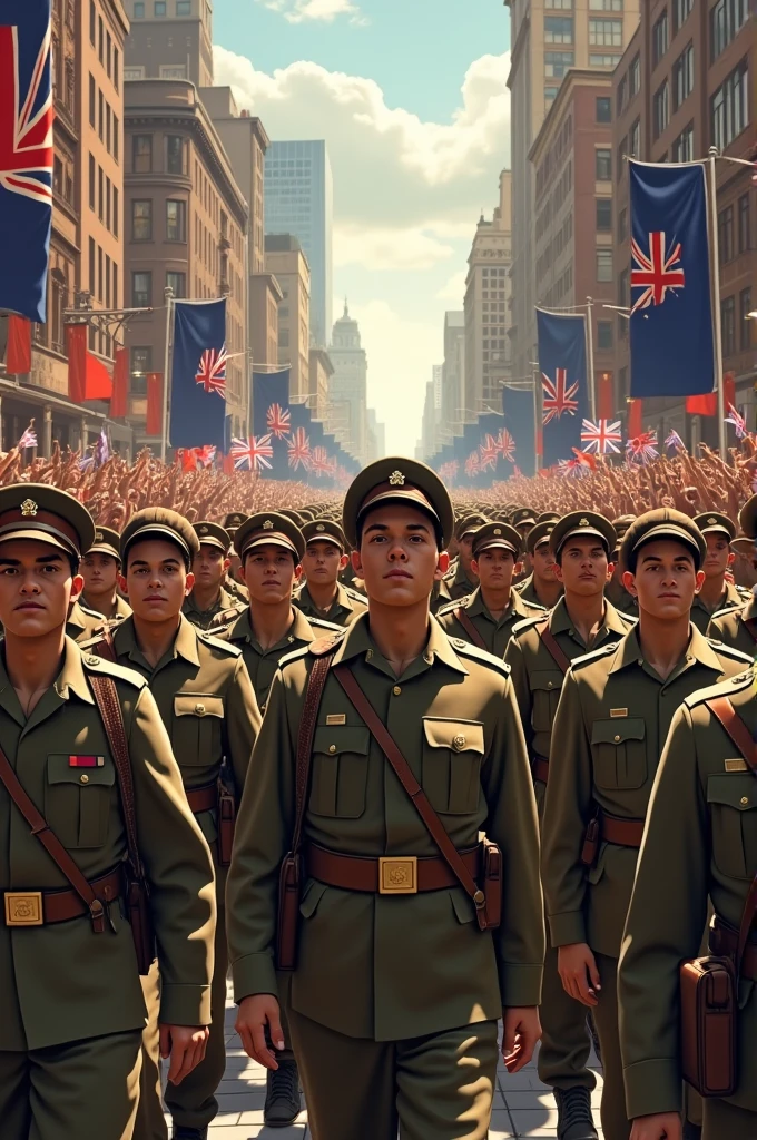 Australian troops marching at the end of World War II, historical