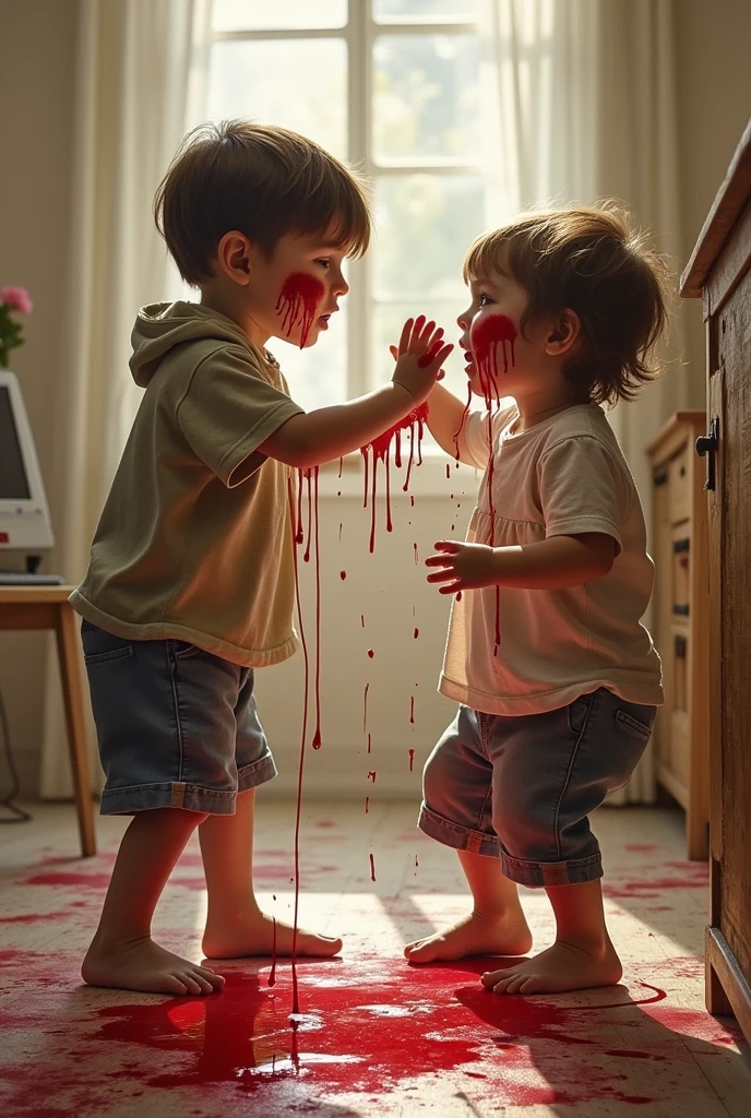 Children fighting and drawing blood