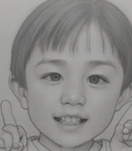 boy、A 3-year-old boy with a stuffed puppy、Generate fun and smiles。Cute 3 year old boy、Peace with a smile、More, more, more、Please generate the left and right fingers neatly.。Please create peace signs on both sides of the fingers.。