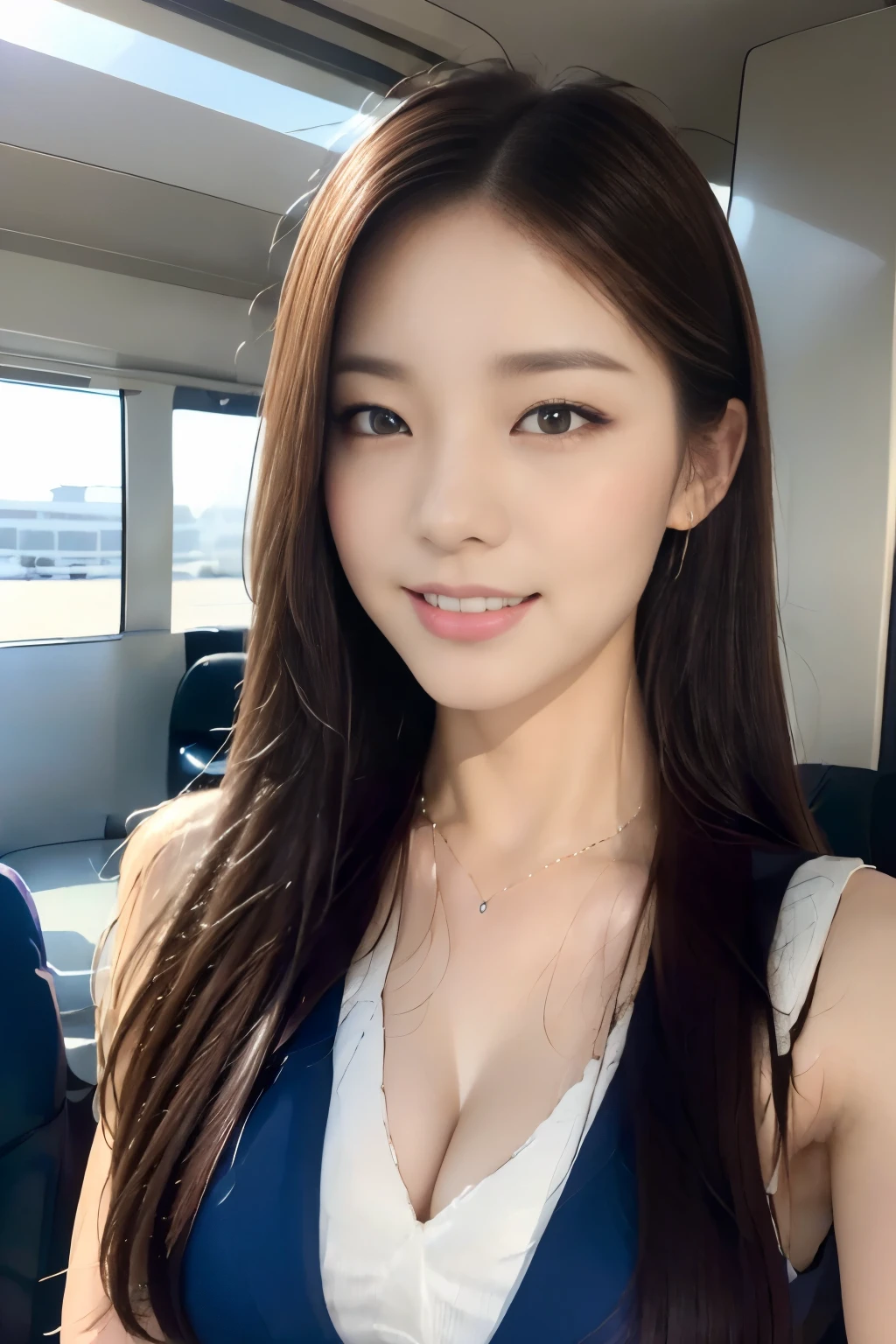 ((Highest quality, 8k, masterpiece: 1.3)), concentrated: 1.2, Perfect beauty: 1.6, Astock: 1.3, ((Straight Hairstyles), (Flight attendant uniform: 1.1), (evening, Airport boarding bridge), Highly detailed face and skin texture, Narrow eyes, double eyelid, Whitening skin, Long Hair, (shut up: 1.3), smile, window,terminal