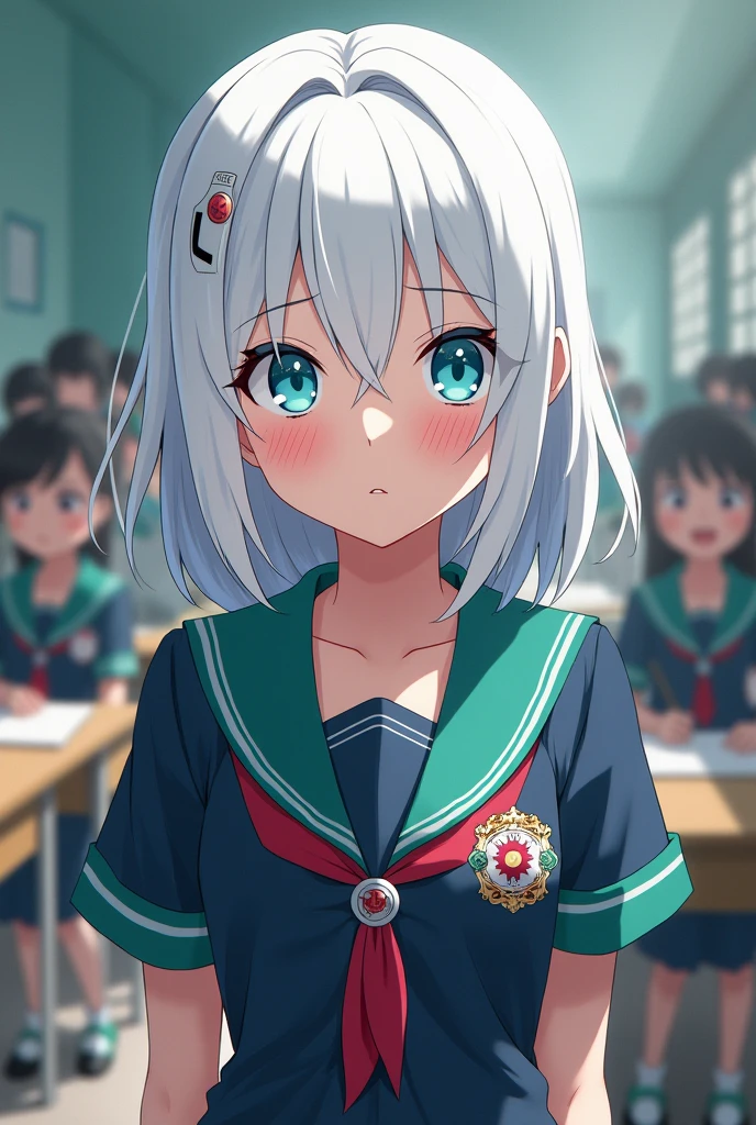 baku no hero template, girl with white hair and turquoise eyes with dark circles, wears the UA uniform and has a class in the background