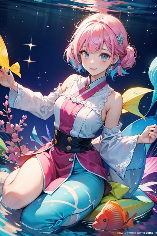 Mizu is a white girl fish with multicolored markings with the colors blue, purple, pink, and yellow, and pink cheeks. SPARKLE; GLITTER