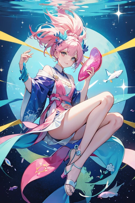 Mizu is a white girl fish with multicolored markings with the colors blue, purple, pink, and yellow, and pink cheeks. SPARKLE; GLITTER