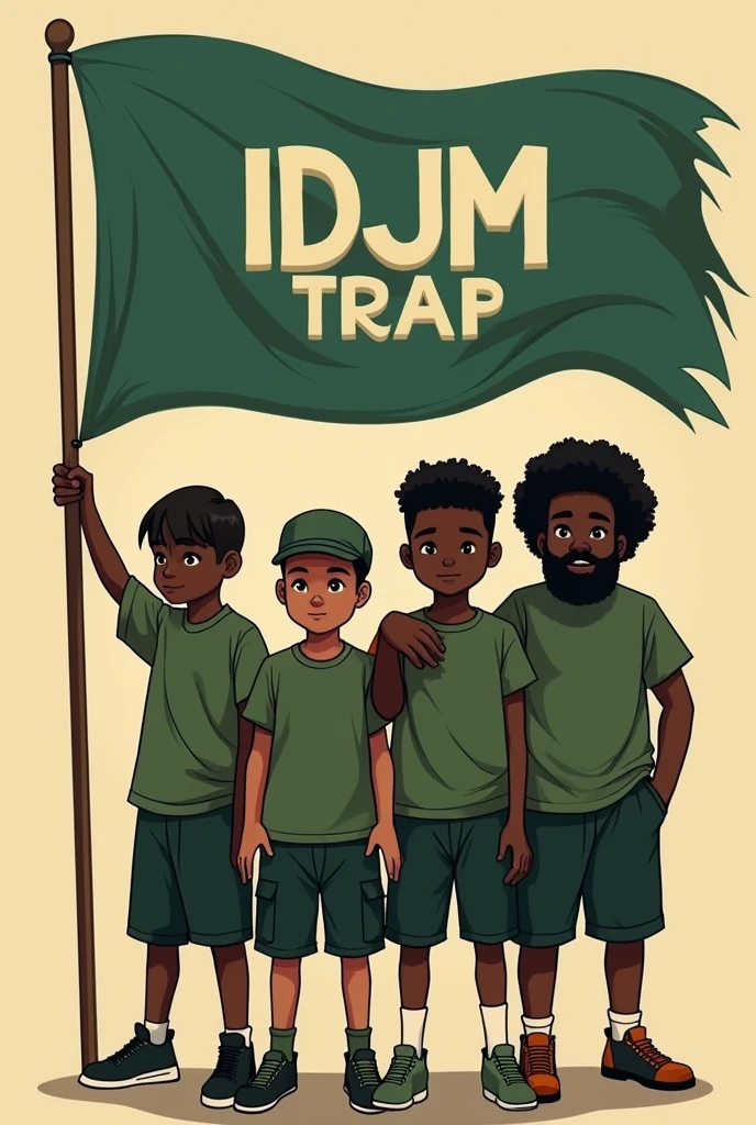 Make 4 boys holding a flag that says IDJM TRAP with a green shirt All dark-skinned, one with straight hair, the other with a military cut , one with big curly hair and one with a big beard 