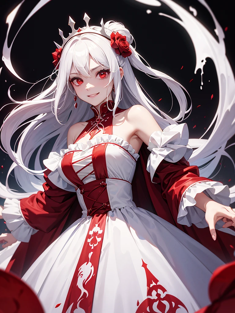 woman, red eyes, white long wavy hair, noble, like prince, sadistic smile, queen. her front hair is tied up. her. where dress like princess. she sadistic and cruel women. like a strong women. wearing flowers on her head. her white dress is stained with blood. halloween night. have blood on her dress. like a scary ghost. in the blood pool