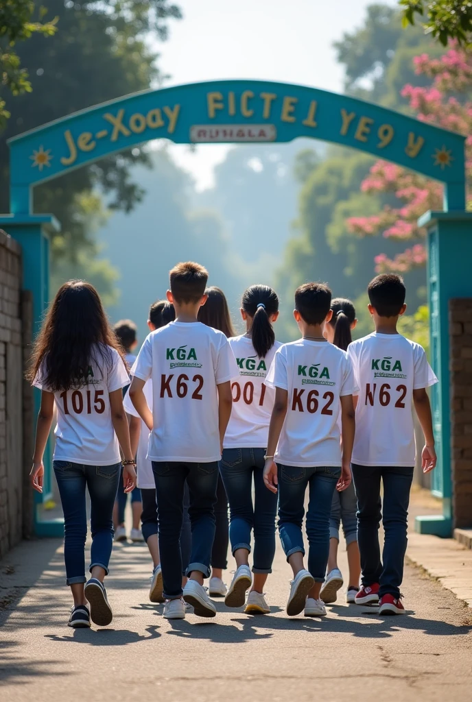 create a technology photo logo, with an image of students wearing shirts with the words '10A5-K62', entering the gate of 'Le Xoay High School'