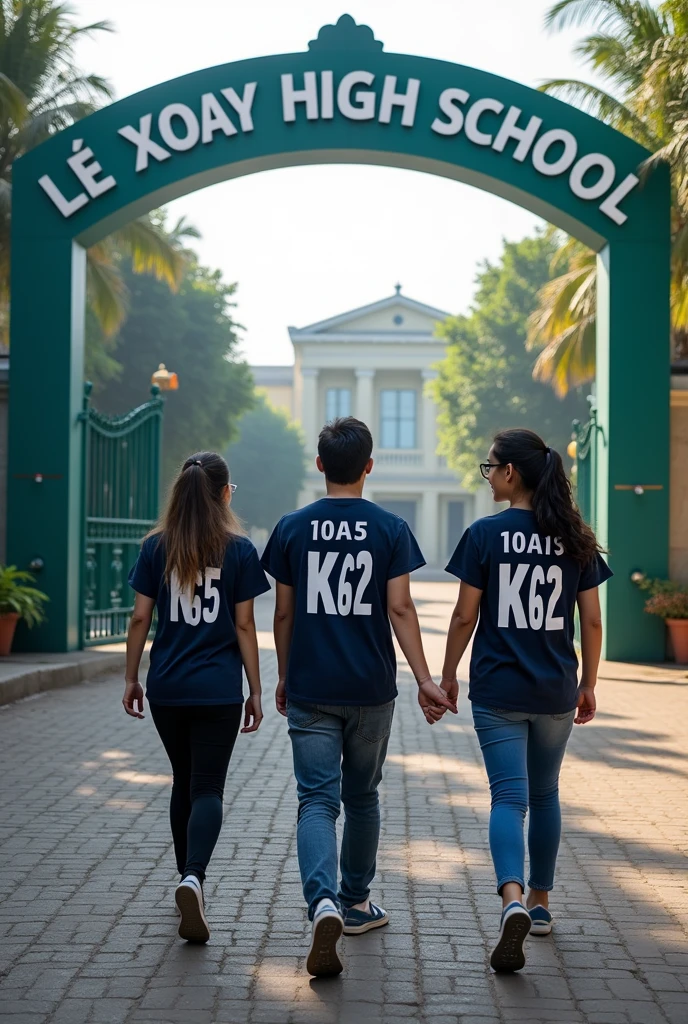 create a technology photo logo, with an image of students wearing shirts with the words '10A5-K62', entering the gate of 'Le Xoay High School'