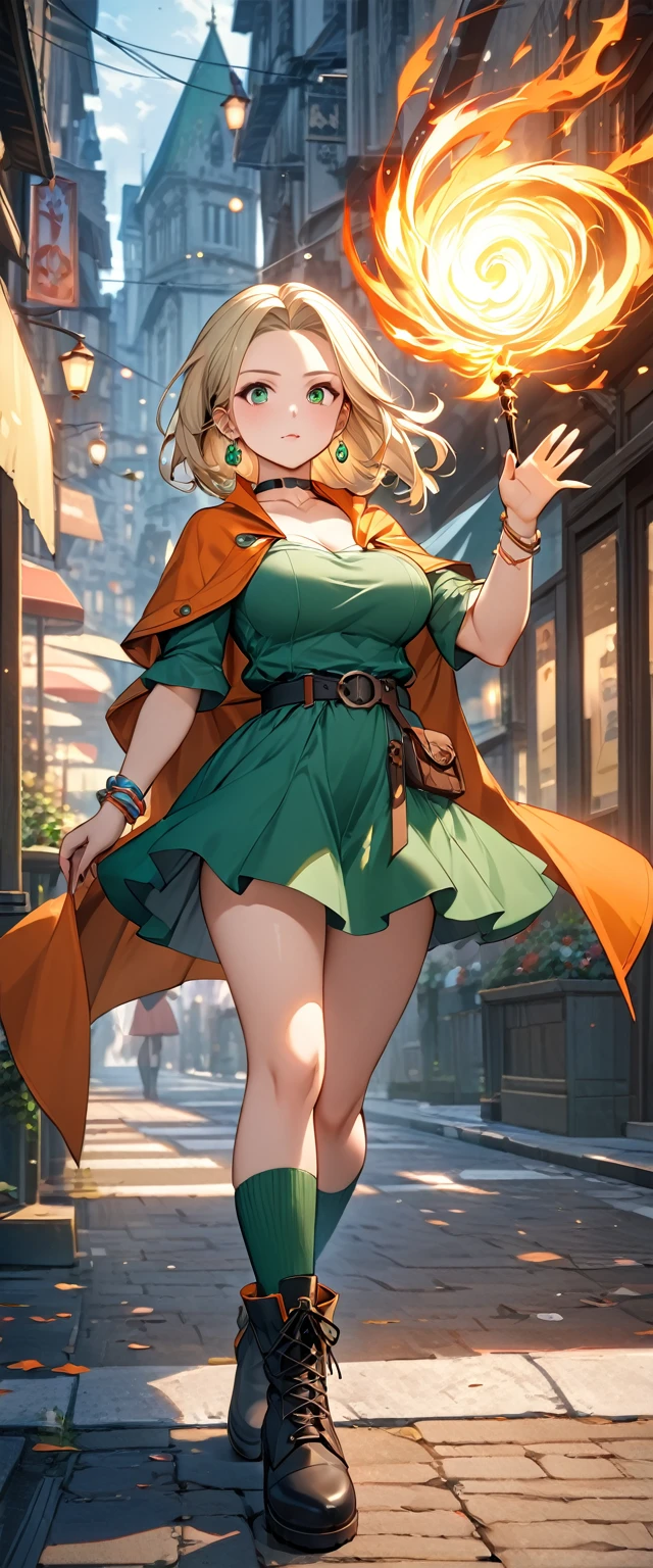 (8k, masterpiece, Highest quality, High resolution, Ultra-fine illustrations:1.2), (Beautiful attention to detail:1.2), One girl, alone, city, Outdoor, DQ Bianca, Single Blade, Earrings, choker, Orange Cape, Green Dress, belt, bracelet, Black boots, Green High Socks, Large Breasts, Contrasting , full body, braid, forehead, Waving a magic wand, Attacking with fire magic