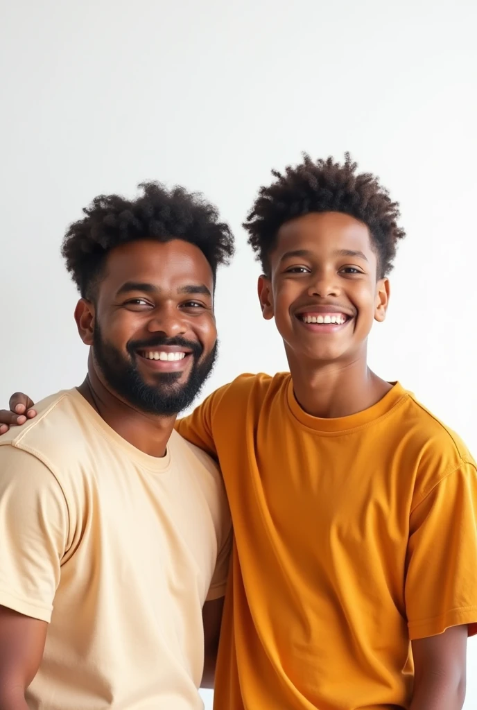 A father and a son smiling with orannge shirts with white background