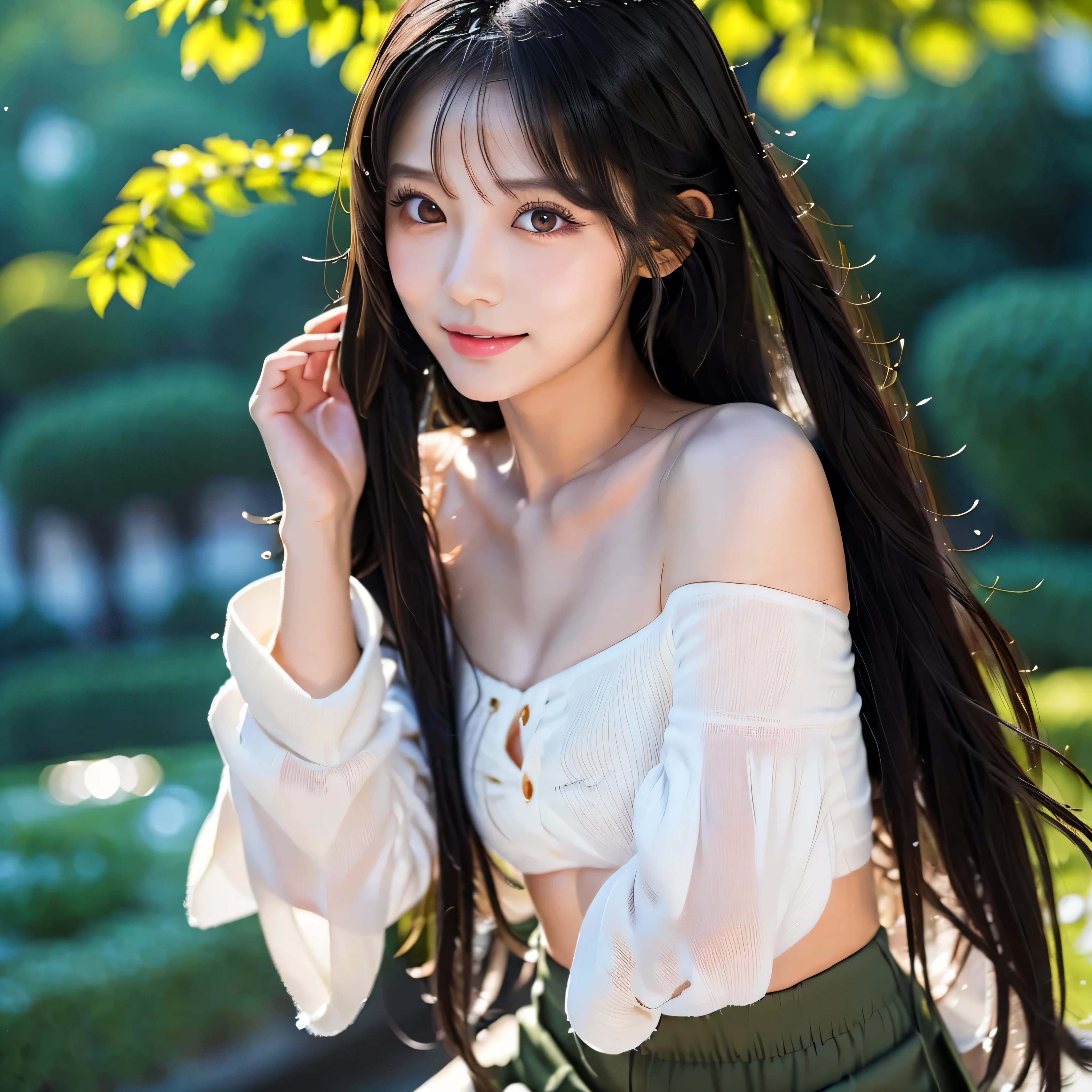 Create an ultra-realistic image of a 21-year-old Japanese woman named Kotone, fully visible within the frame. She has extremely long, perfectly straight black hair that flows down to her waist, with blunt bangs that cover her forehead. Her eyes are large, enchanting, with double eyelids and sparkling black pupils. Her face is delicate and innocent, with thin eyebrows and a small mouth with sexy lips. Her smooth, snow-white skin, slender, well-proportioned body, and flawless complexion are highlighted by natural makeup. She wears a trendy off-shoulder top with high-waisted pants or a fitted skirt. The background is simple, focusing on her figure.
