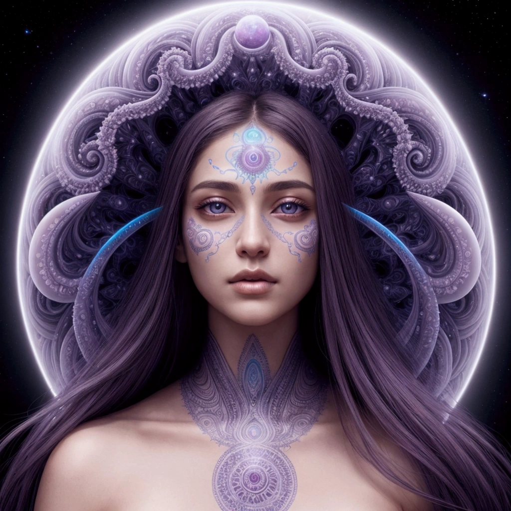 {young beautiful woman, intricate psychedelic patterns, vibrant colors, flowing hair, mesmerizing gaze, detailed skin textures, otherworldly beauty, cosmic elements}
type: portrait,
art style: {psychedelic, Alex Grey, surreal, visionary art},
environment: {calm and dreamy background, soft pastel colors, subtle swirling nebula, gentle fractal patterns},
details: {glowing aura, third eye, symmetrical patterns, intricate details, spiritual symbols},
lighting: {soft glow, ethereal light},
camera: {close-up shot, focused on face},
render: {ultra-detailed, high-definition, 8K resolution, vibrant yet soft color scheme}