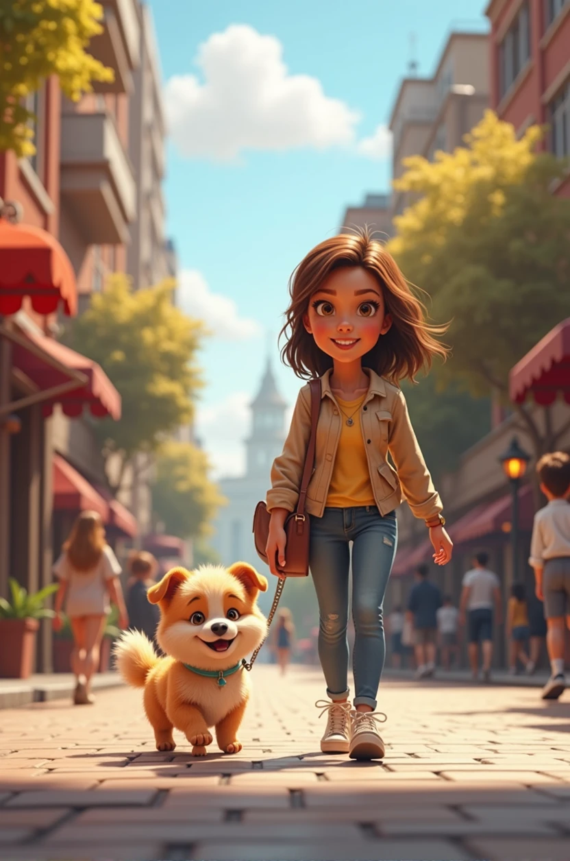 A puppy is walking with a woman on the street