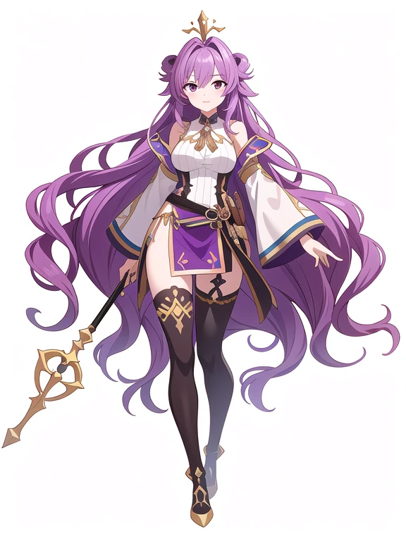 (((Best Quality))) , ((full body)), loin cloth,  female, reference sheet, solo, (white background),  thigh high, purple hair, very long hair, fantasy outfit, holding staff, tareme, wavy hair,