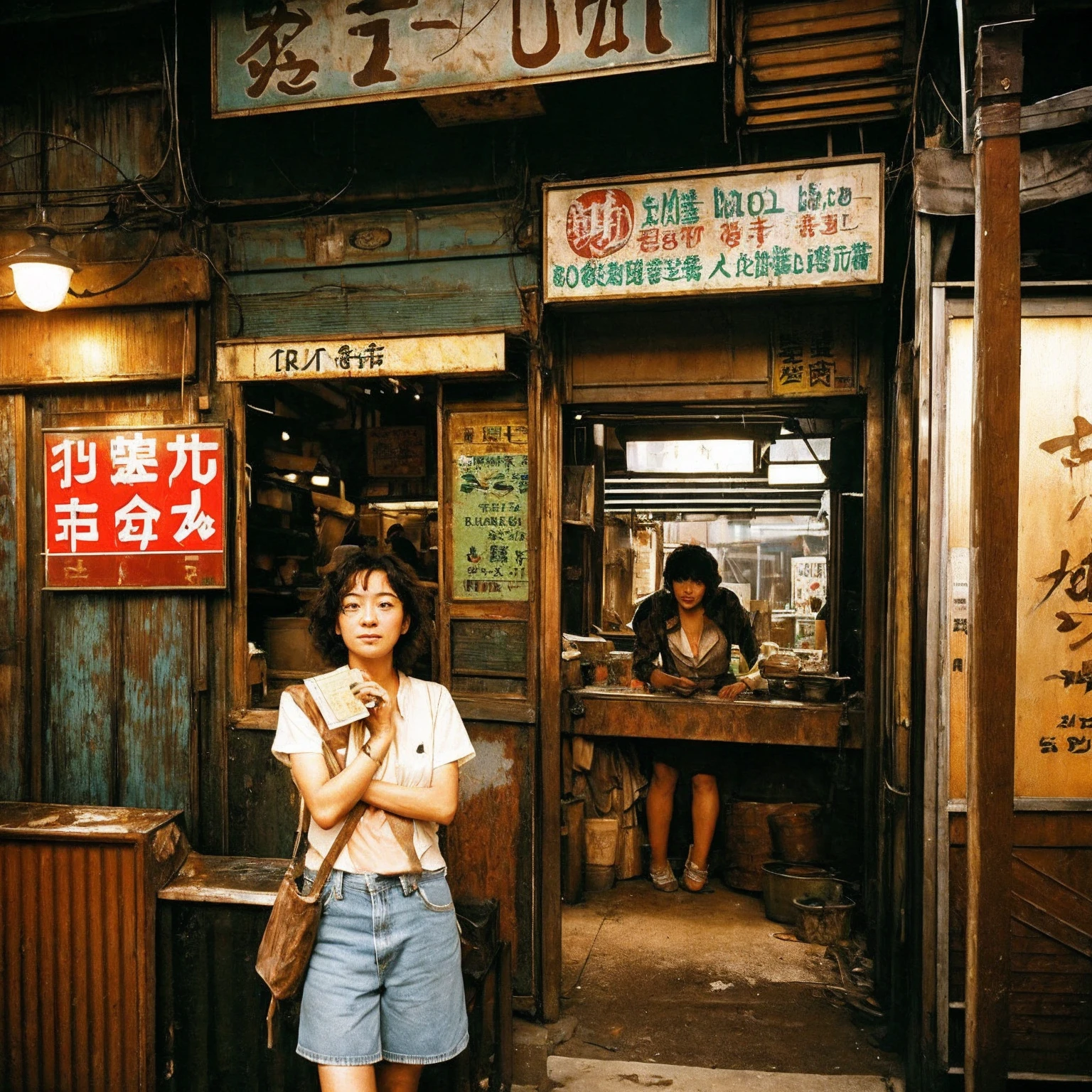 ((masterpiece、Highest quality))、Poor conditions、Japan 1980s, Dirty Standing Tavern、Old and dirty store, Unsanitary and dirty downtown Tokyo, Japan Streets, Unhygienic restaurant, Cute girl working at the store、Poor workers、Rusted corrugated iron, in the Tokyo cityscape, Kodachrome : : 8k yen, Vintage Photography, Printed matter from the 1970s