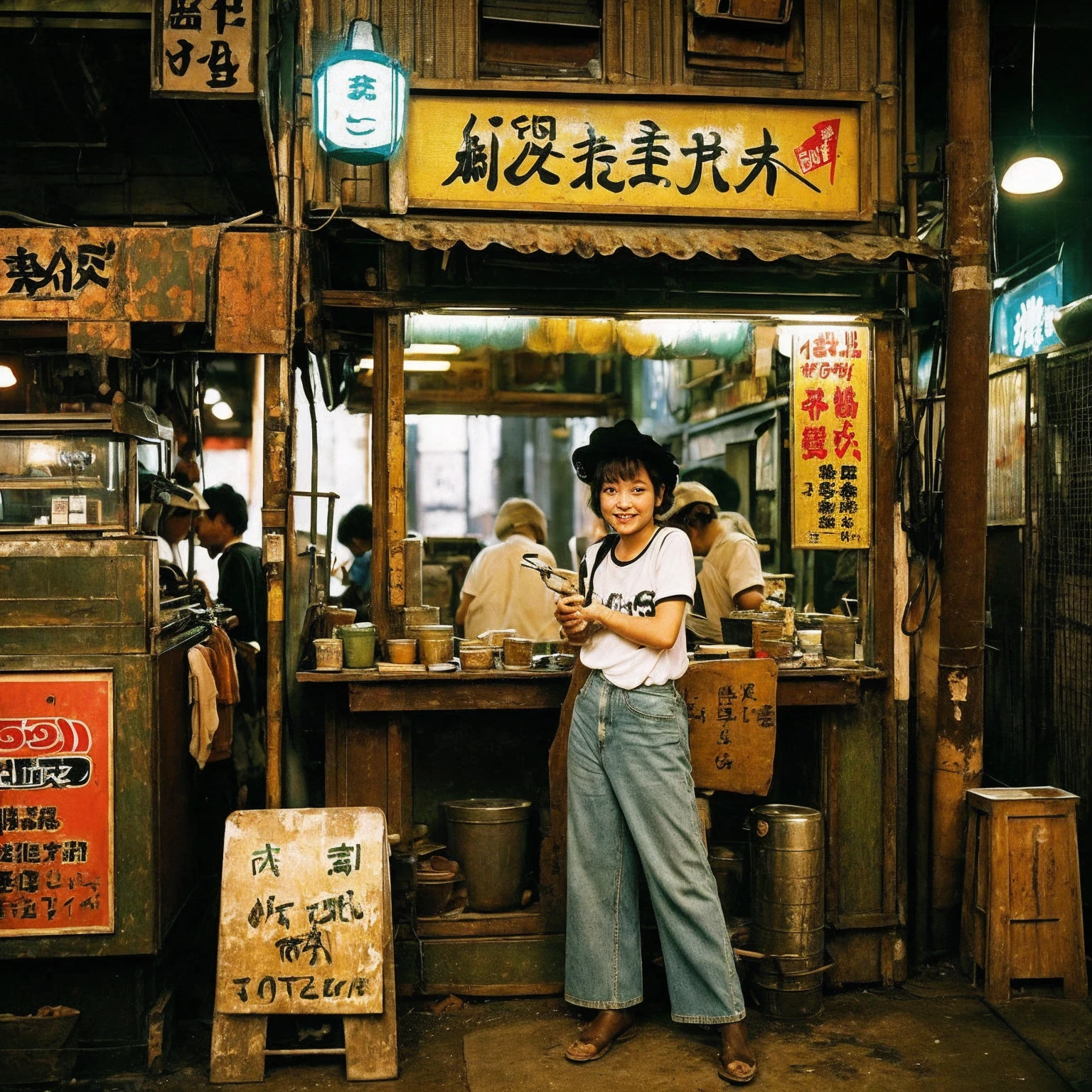 ((masterpiece、Highest quality))、Poor conditions、Japan 1980s, Dirty Standing Tavern、Old and dirty store, Unsanitary and dirty downtown Tokyo, Japan Streets, Unhygienic restaurant, Cute girl working at the store、Poor workers、Rusted corrugated iron, in the Tokyo cityscape, Kodachrome : : 8k yen, Vintage Photography, Printed matter from the 1970s