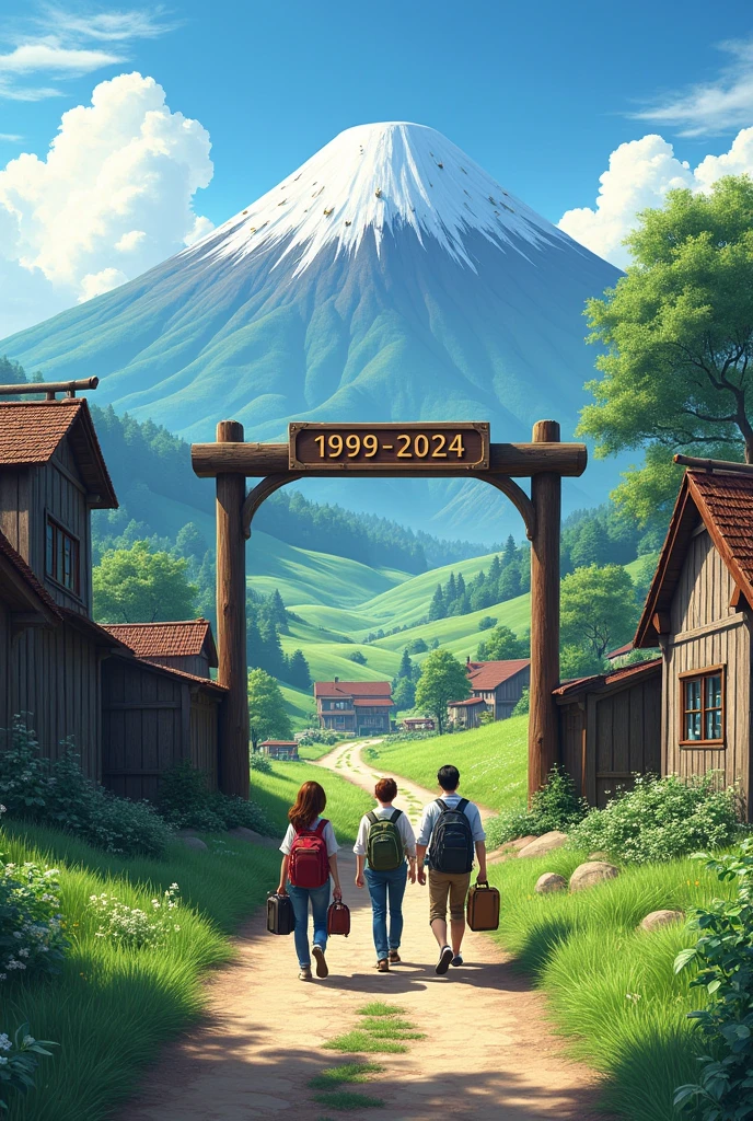 A farm on the slopes of a volvan with a path illuminated with an empty wooden sign along which adults are walking in a group with a backpack on their left shoulder and suitcases in hand crossing an arch with the numbers 1999 - 2024