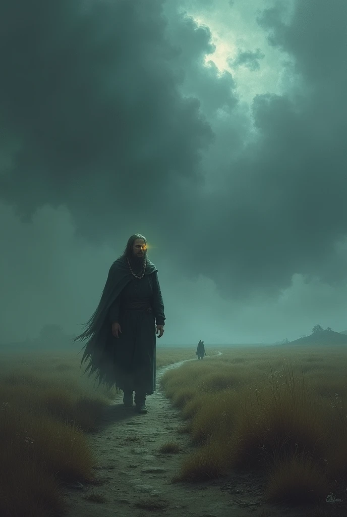 A desolate, barren landscape stretches out under a dark, stormy sky. Caim bíblical, marked and alone, wanders through the wilderness, his face etched with sorrow and despair. The mark on his forehead glows faintly, a constant reminder of his sin. The world around him is bleak and unforgiving, symbolizing his eternal exile and the loneliness that will follow him forever