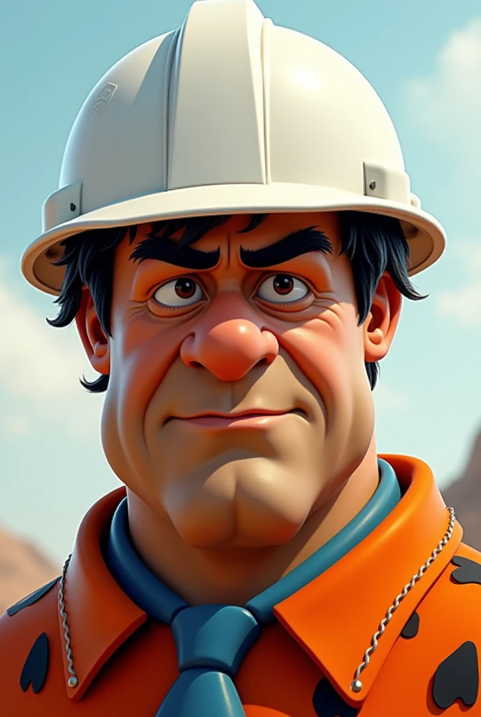 Fred Flinstons in white helmet with serious expression