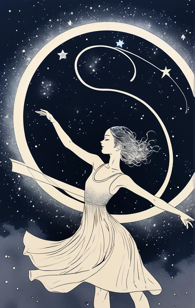 A girl is dancing rhythmic gymnastics ribbon surrounded by the Andromeda Galaxy in a starry sky. The background is black and around the silhouette of the girl are white stars and lines forming the Andromeda Galaxy. Olympic rings symbol, light art installation style, high resolution, dreamy effect, fantastic landscape, minimalist design.