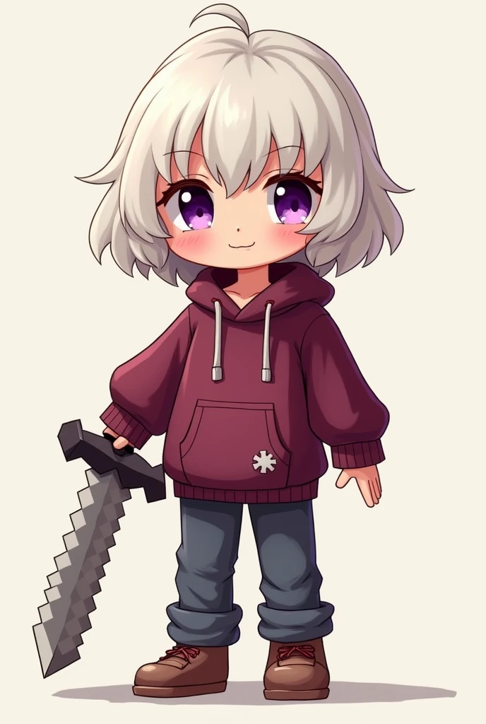 Make a Minecraft doll drawn, with white hair, wine colored sweatshirt and purple eyes. Do it with a sword