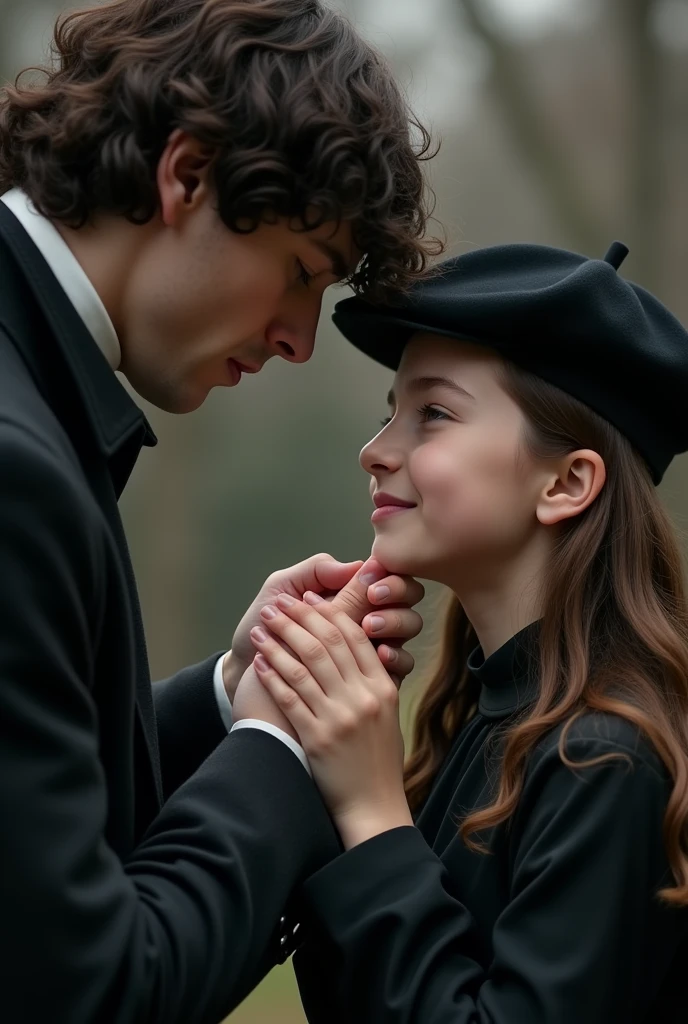 Scherlock Holmes from the BBC Scherlock series kissing the hand of a 14 year old girl with long, wavy brown hair and brown eyes wearing a black blouse and a black beret