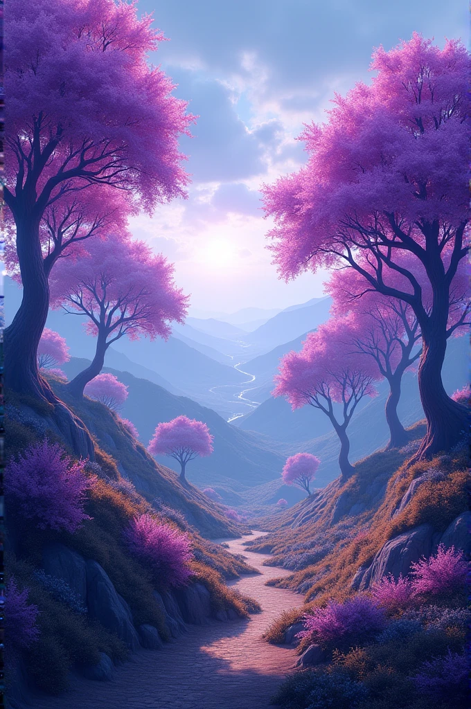 Create a beautiful landscape with purple trees