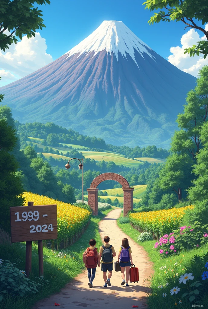 A farm on the slopes of a volvan with a path illuminated with an empty wooden sign along which adults are walking in a group with a backpack on their left shoulder and suitcases in hand crossing an arch with the numbers 1999 - 2024 