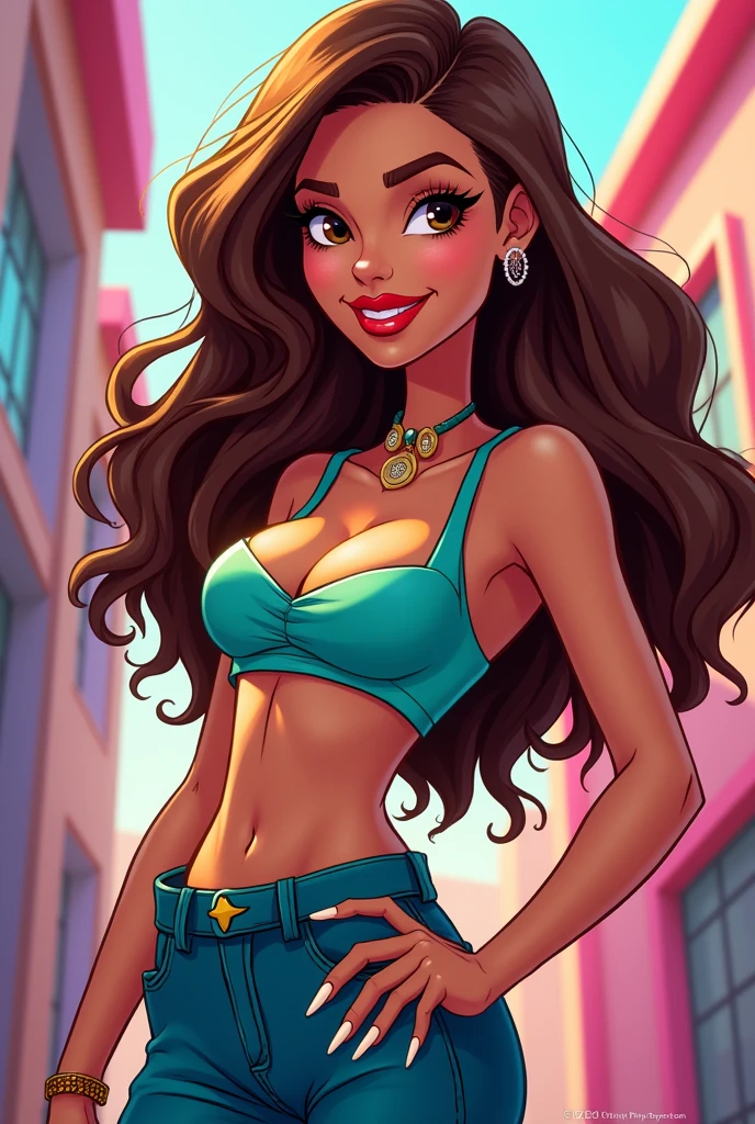  Bratz cartoon of a tall woman with shoulder-length wavy brown hair and brown eyes and long nails 
