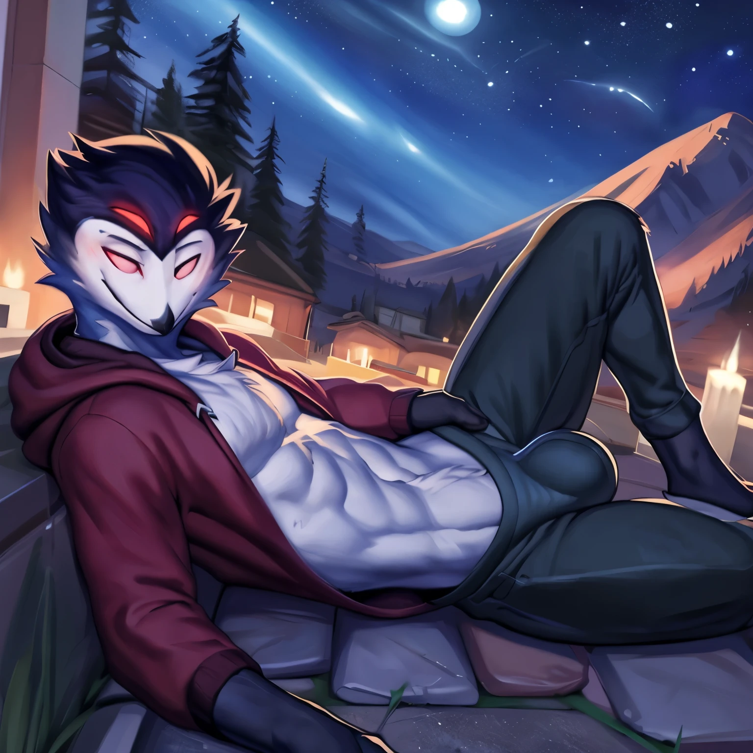 by zackary911, by chunie, (by meesh:1.2), by kiyosan, by sigma, ((masterpiece)), ((8k quality)), (no watermark), stolas, male, laying down, outside detailed background, (solo:1.4), clothing, hoodie, sweatpants, Night, Looking at the stars, large bulge