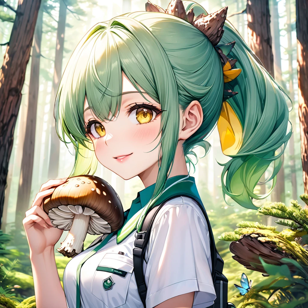 (Mountain Explorer style) (double exposure pastel color), (hand holding a detailed ecstasy brown Maitake mushroom), Smell the scent it, (solo:2, 15 yo) (beautiful ponytail) (beautiful pastel green hair long hair) (beautiful sexy girl) (detailed cute yellow eyes) (best smile, glossy lip) (medium tits), in a summer Speculator uniform, break, in the beautiful Pine forest, BREAK, perfect anatomy, masterpiece, best quality, 16k, beautiful detailed grow, daydreaming expression.