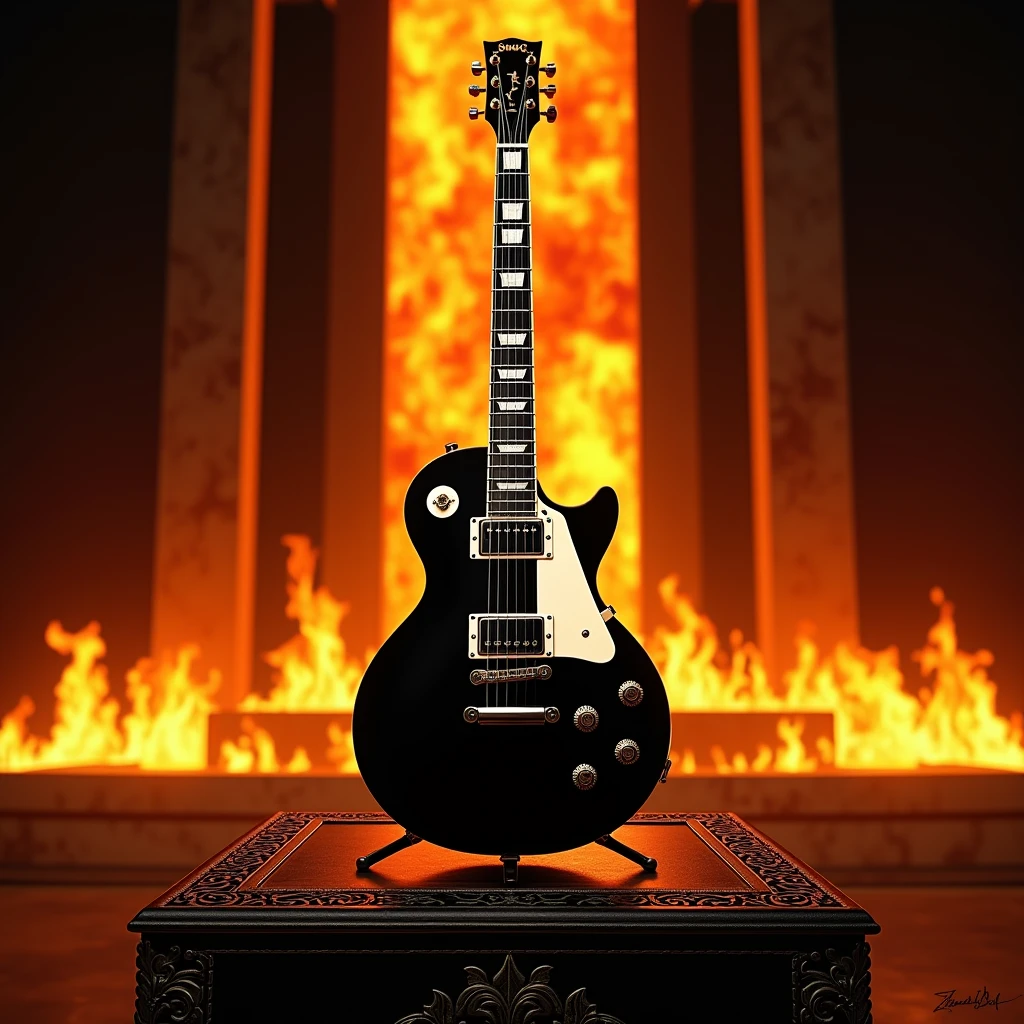  Les Paul electric guitar, black with white color, perfect proportions: 1,5, standing on an altar, a long wall of fire in the background, fire reflected in the guitar. realistic art style.