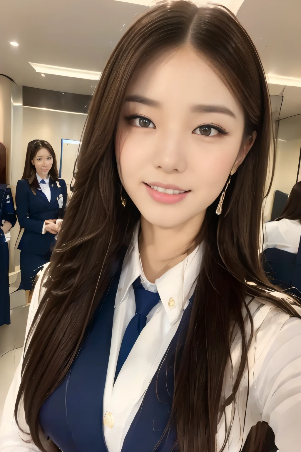 ((Highest quality, 8k, masterpiece: 1.3)), concentrated: 1.2, Perfect beauty: 1.6, Astock: 1.3, ((Straight Hairstyles), (Flight attendant uniform: 1.1), (evening, Airport boarding bridge), Highly detailed face and skin texture, Narrow eyes, double eyelid, Whitening skin, Long Hair, (shut up: 1.3), smile, Detailed eye makeup
