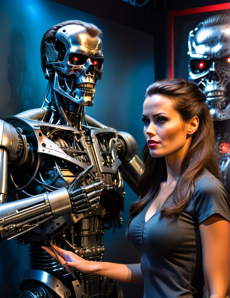 a shocked and awed beautiful woman in front of The Terminator Model T-800 wax statue that suddenly alive and wants to shake her hand, at Madame Tussauds Wax Gallery, insanely intricate detail, photo realistic illustration, Don Lawrence style