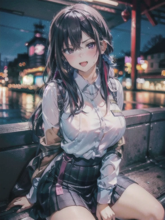 NY, (gradient hair, dutch angle:1.3), film grain, chromatic aberration, city, masterpiece, best quality, raw photo, photorealistic, absurdres, 1girl, cute, perspective, cowboy shot, highres, ultra detailed, detailed eyes and face, sharp pupils, realistic pupils, sharp focus, summer, night,